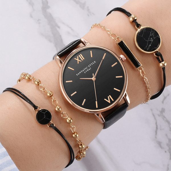 5pcs Set Top Style Fashion Women's Luxury Leather Band Analog Quartz Wristwatch Ladies