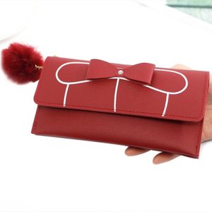 Simple lady's long purse solid color bow hair ball hand bag card bag purse wallet